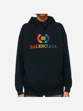 🩷Balenciaga🩷Black rainbow Hoodie with Rainbow 🌈 logo embroidery on chest large